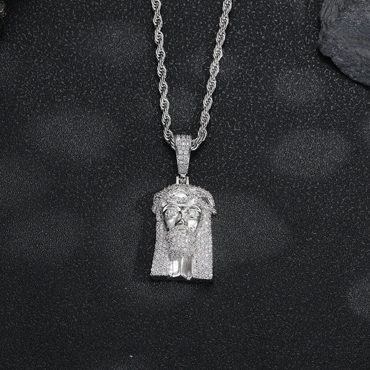 Jesus Face Pendant Rope Chain Necklace for Men, Iced Out Hip Hop Jewelry