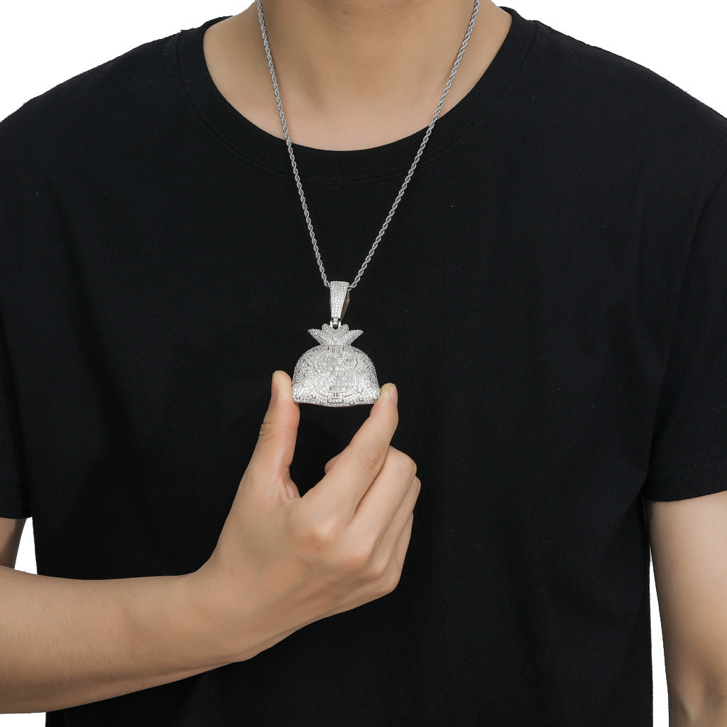 Hip Hop Dollar Money Bag Copper Pendant Necklace for Men and Women