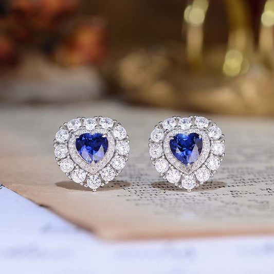Blue Heart Stud Earrings for Women, Created Sapphire Halo Earrings alternate product image