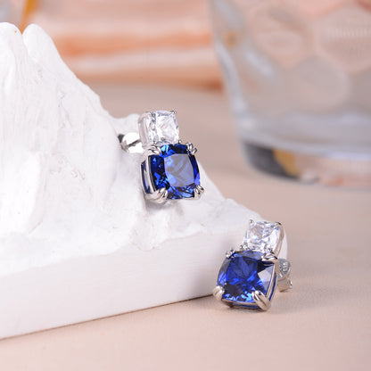 Blue Cushion Cut Stud Earrings for Women, S925 Silver, Square Gemstone Studs