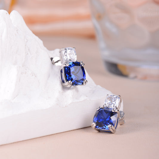 Blue Cushion Cut Stud Earrings for Women, S925 Silver, Square Gemstone Studs alternate product image