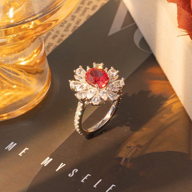 Lab-Grown Ruby Halo Ring for Women, Oval Red Gemstone Floral Ring product image