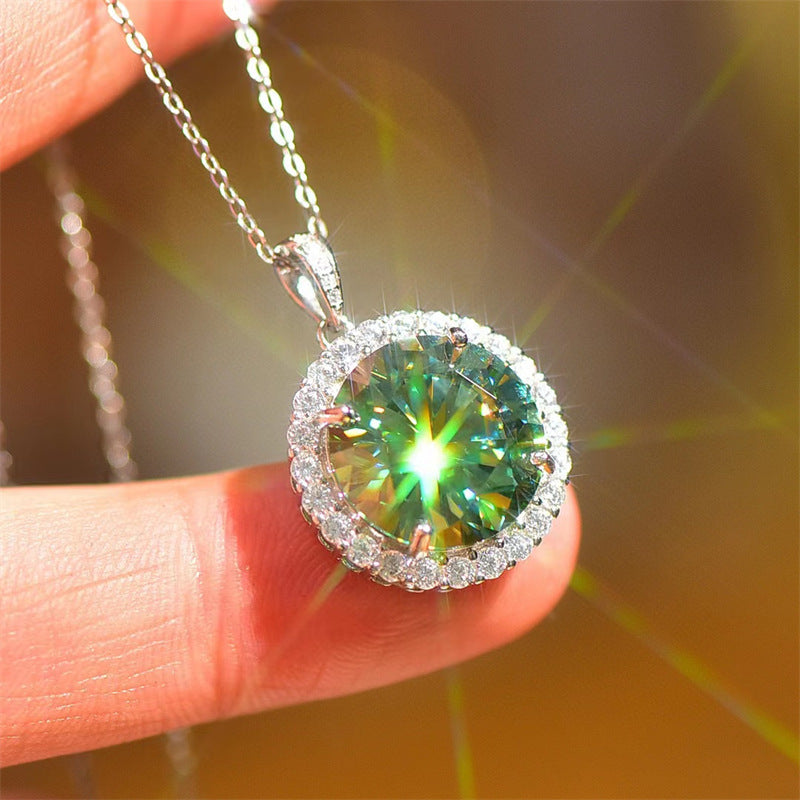 Green Moissanite Halo Pendant Necklace, Round Cut Sparkling Jewelry for Women product image