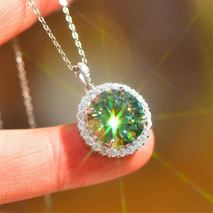 Green Moissanite Halo Pendant Necklace, Round Cut Sparkling Jewelry for Women