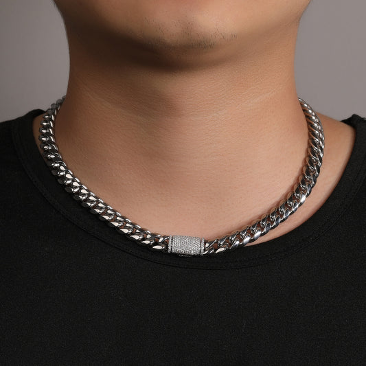 Iced Cuban Link Chain Necklace & Bracelet in Stainless Steel with Cubic Zirconia Clasp - Unisex Hip Hop Statement Jewelry