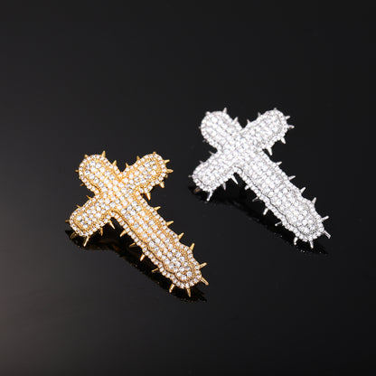 Iced Out Cross Pendant Necklace with Cubic Zirconia Rope Chain in Silvery or Gold Tone