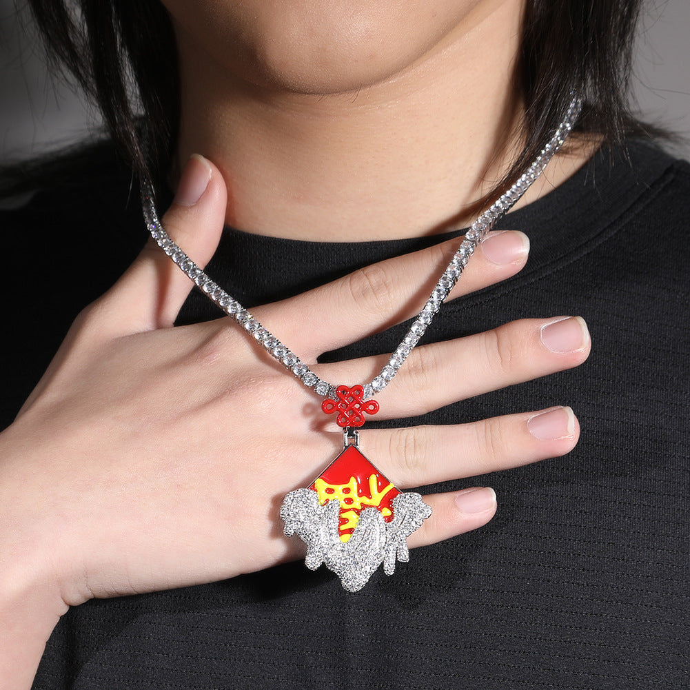 Iced Square Pendant Necklace with Cubic Zirconia Twisted Chain in Silver Tone product image