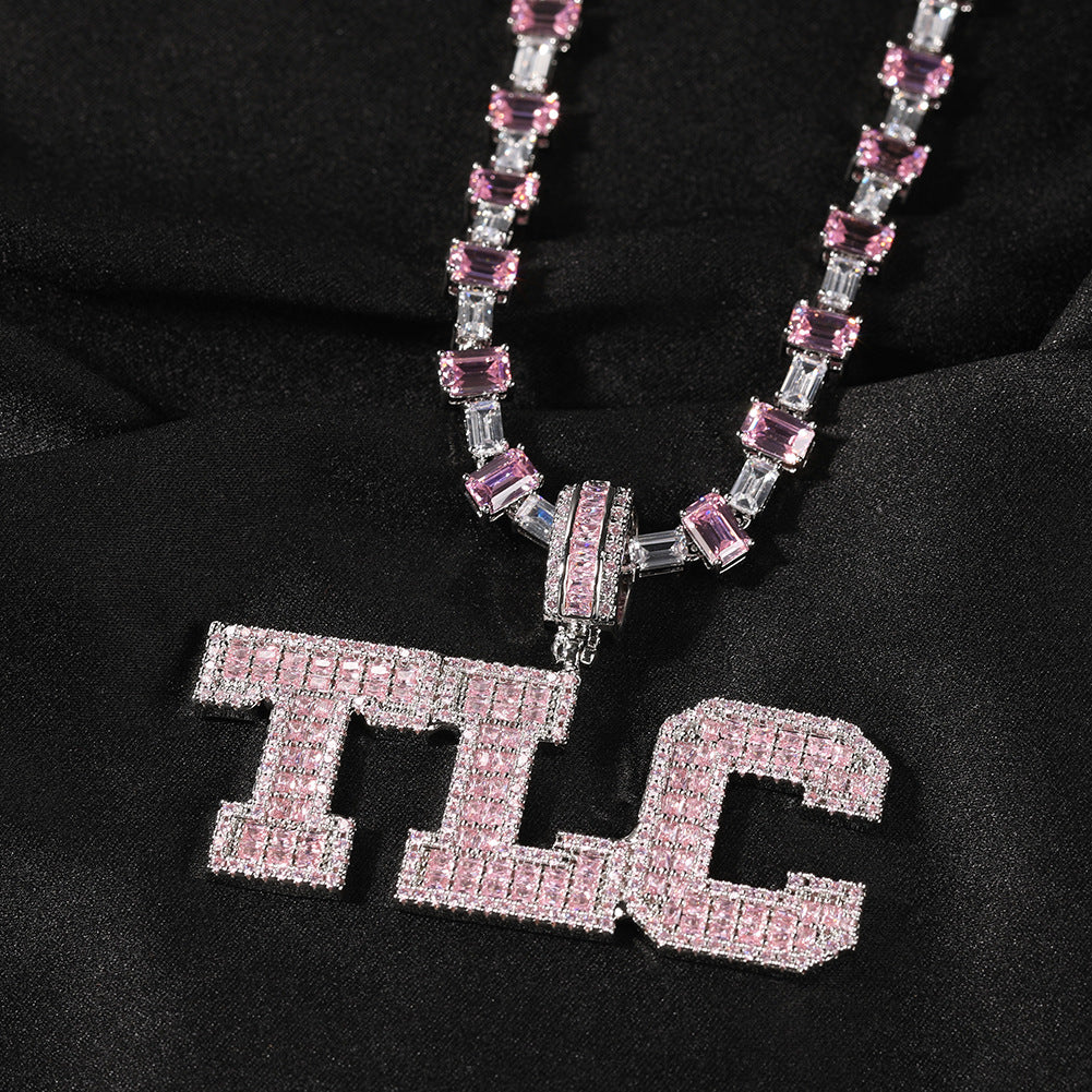 Personalized Pink Cubic Zirconia Letter Pendant Necklace for Women - Silver Plated Hip Hop Chain, Custom 1-10 Initials, 16 Inch Statement Jewelry