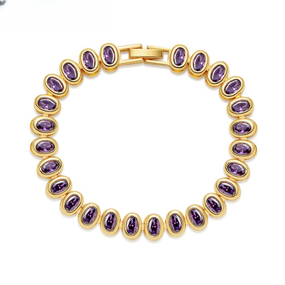 Colorful Oval Crystal Link Bracelet for Women and Men, Gold Plated Fashion Statement Chain Bracelet