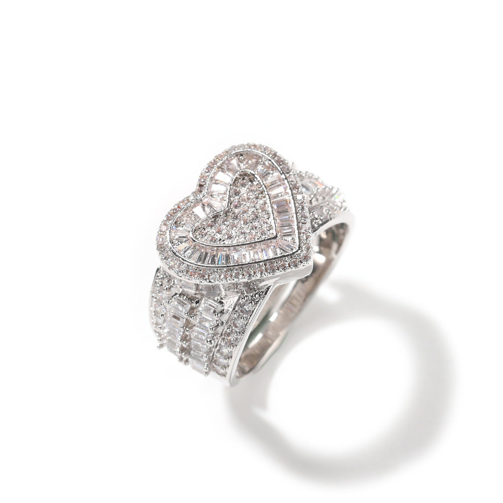 Unisex Hip Hop Heart Ring with Cubic Zirconia in Gold or Silver Tone