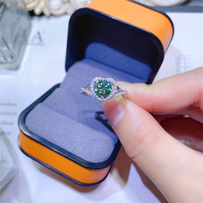 Heart Cut Green Moissanite Ring with Twisted Band Halo, 1 Carat Promise Engagement Ring