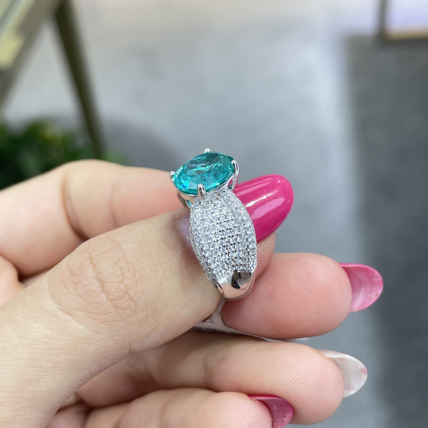 3 Carat Oval Blue-Green Ring with Wide Sparkling Band product image