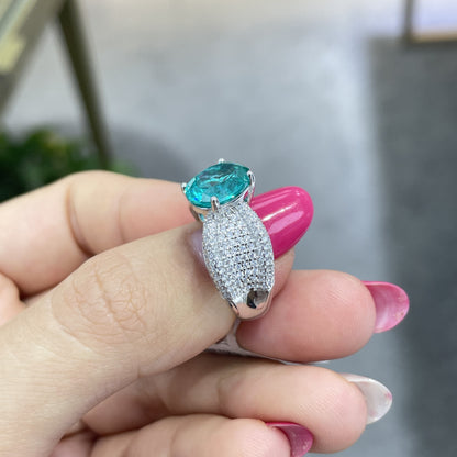3 Carat Oval Blue-Green Ring with Wide Sparkling Band