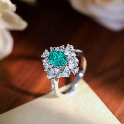 Green Oval Halo Wedding Ring for Women, S925 Silver Gold-Plated Paraiba-Style Ring