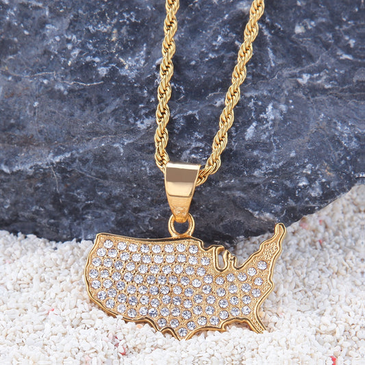 Men’s Gold Tone USA Map Pendant Necklace - Iced Out Stainless Steel Rope Chain Statement Necklace