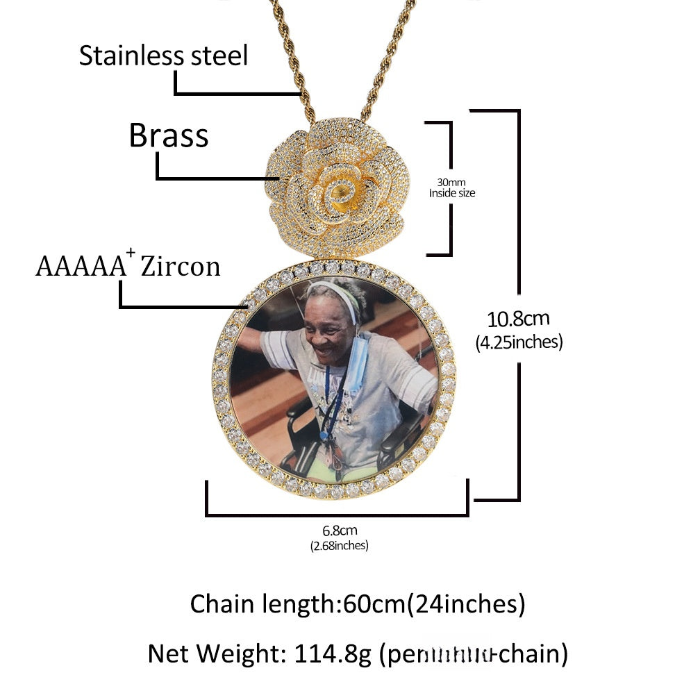 Hip Hop Rose Flower Photo Pendant Necklace with Cubic Zirconia Twist Chain for Women product image