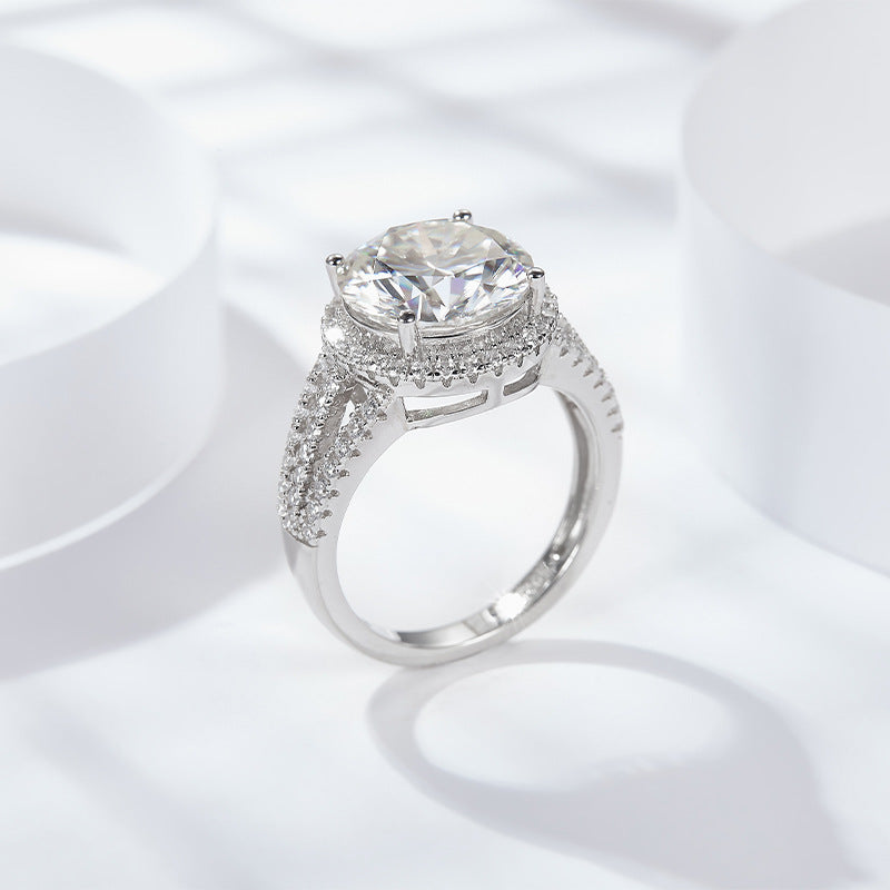 5 Carat Round Moissanite Halo Engagement Ring, Split Shank Pavé Style product image