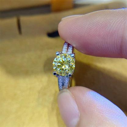 Yellow Moissanite Crown Ring Double Row Pavé Band Engagement Style Ring