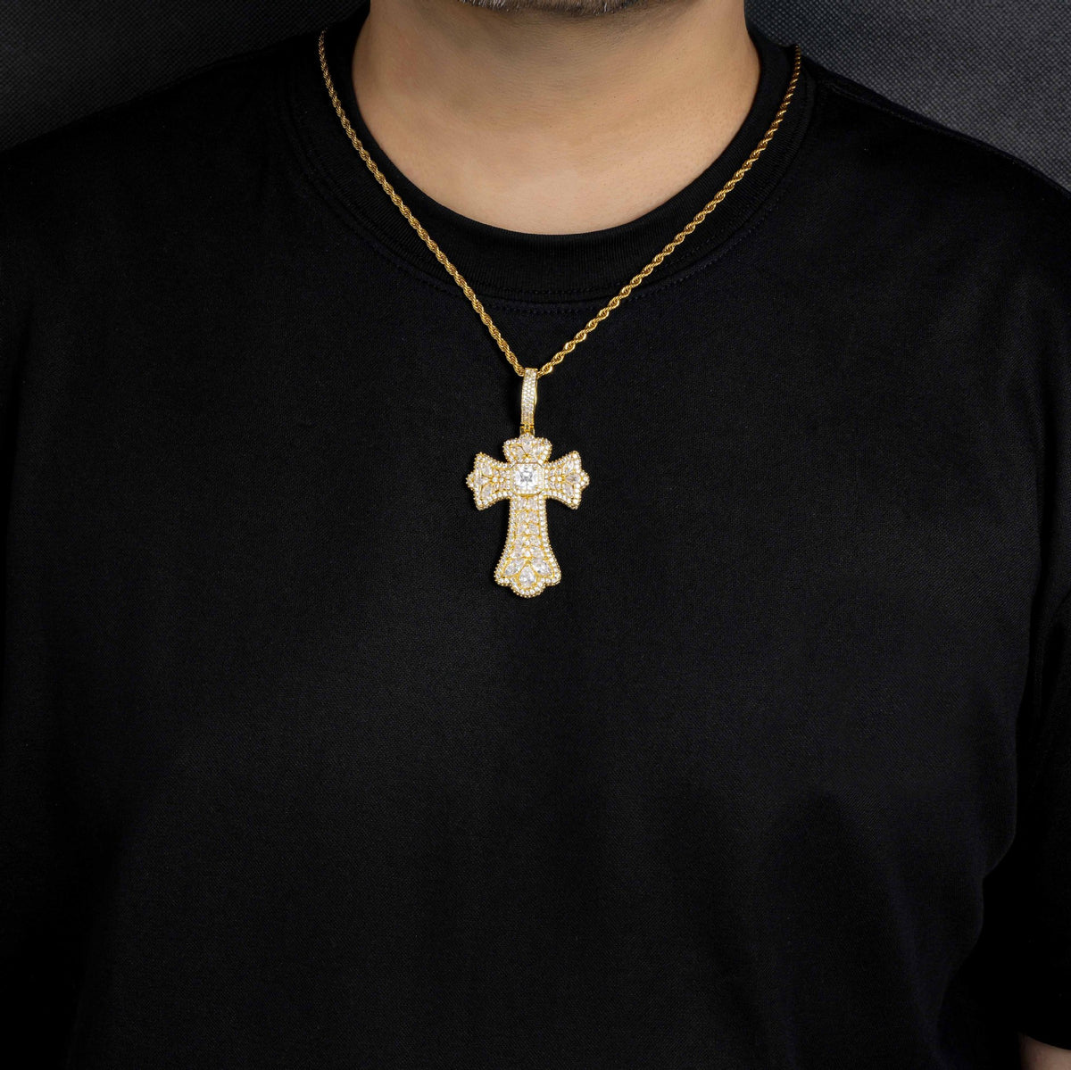 Cross Pendant Necklace with Cubic Zirconia Pave, 3MM Twist Chain, 24 Inch, White Tone or Yellow Tone, Hip Hop Style Jewelry product image