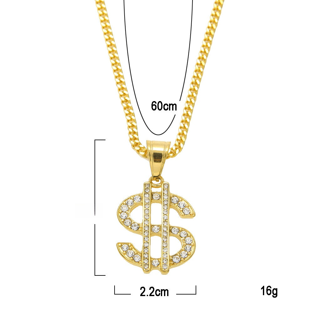 Gold Plated Stainless Steel Dollar Sign Pendant Necklace with 3mm Cuban Chain product image