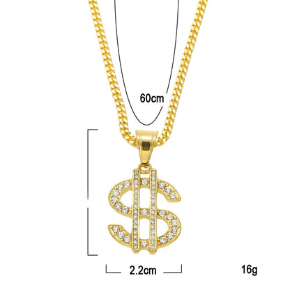 Gold Plated Stainless Steel Dollar Sign Pendant Necklace with 3mm Cuban Chain