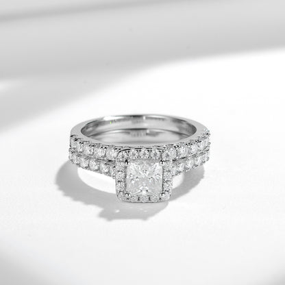 Princess Cut Moissanite Halo Ring Set for Women, Double-Layer Engagement Ring
