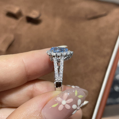 925 Silver Blue Teardrop Halo Ring for Women, Split Shank Promise Ring