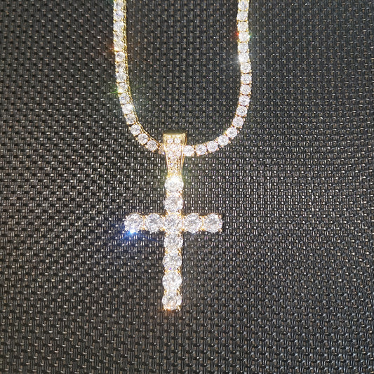 Iced Cross Pendant Necklace for Men & Women with Cubic Zirconia, Gold Plated or Silver Plated Stainless Steel Chain