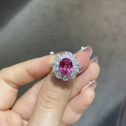 925 Silver Oval Pink Sapphire Halo Ring, 3 Carat Promise Ring for Women