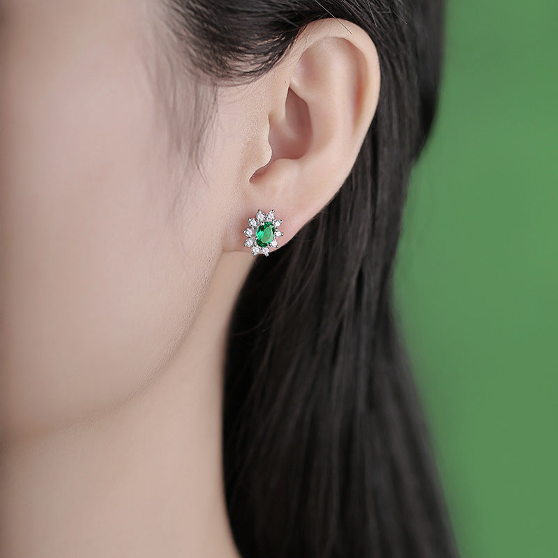 Lab-Created Emerald Oval Halo Stud Earrings, S925 Silver product image
