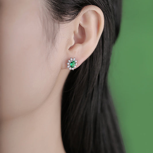 Lab-Created Emerald Oval Halo Stud Earrings, S925 Silver alternate product image