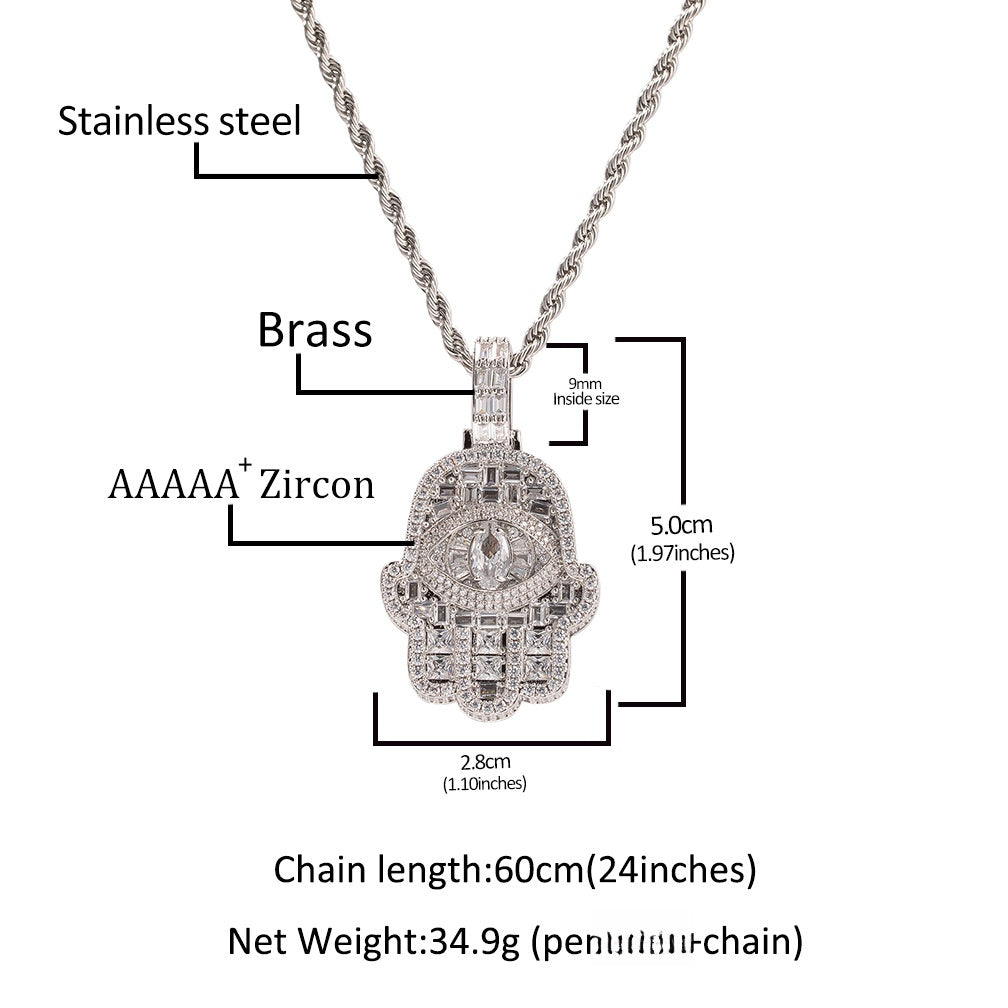 Iced Eye Hand Pendant Necklace with Cubic Zirconia Twist Chain for Women and Men