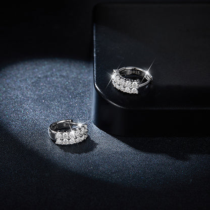 Double Row Clear Stone Hoop Earrings, 925 Marked Huggie Hoops
