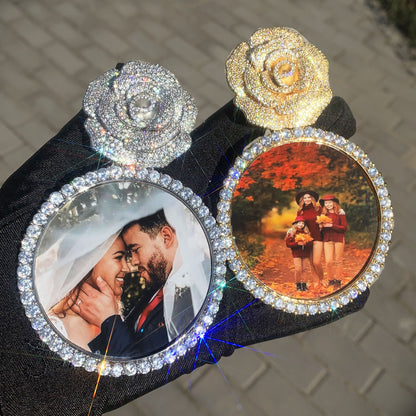 Rose Photo Frame Pendant Necklace for Women Iced Out Statement Jewelry