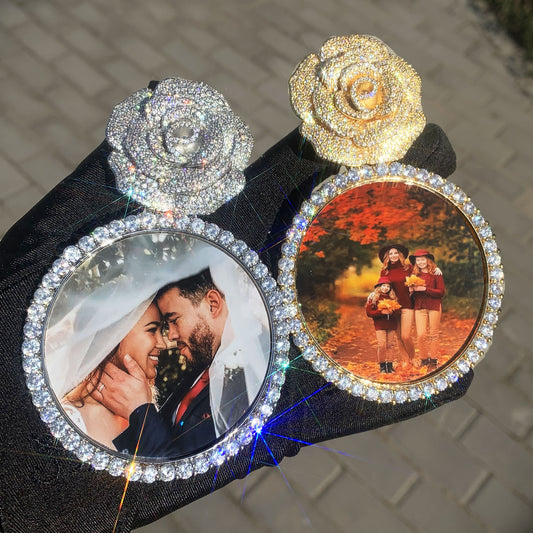 Rose Photo Frame Pendant Necklace for Women Iced Out Statement Jewelry