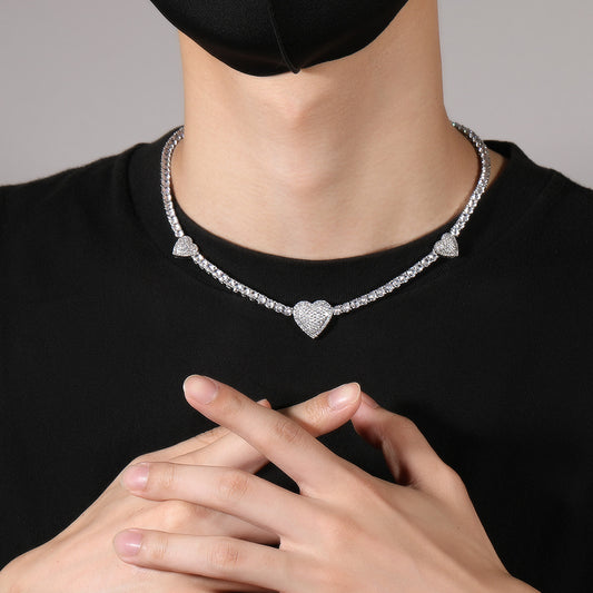 Unisex Heart Pendant Cubic Zirconia Tennis Chain Necklace in Gold or Silver, 16/18/20 Inch Statement Jewelry