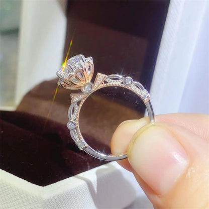 Moissanite Solitaire Ring with Pavé Band and Heart Basket Accent