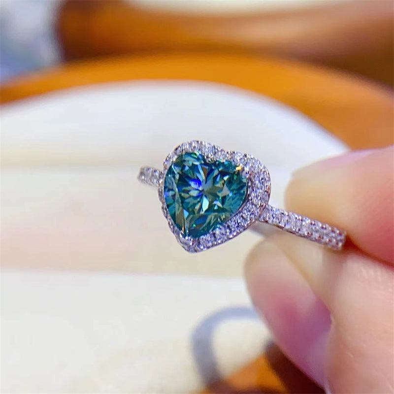 Green Heart Moissanite Halo Ring for Women, 1 Carat or 2 Carat Engagement Ring, Au750 White Gold Color product image