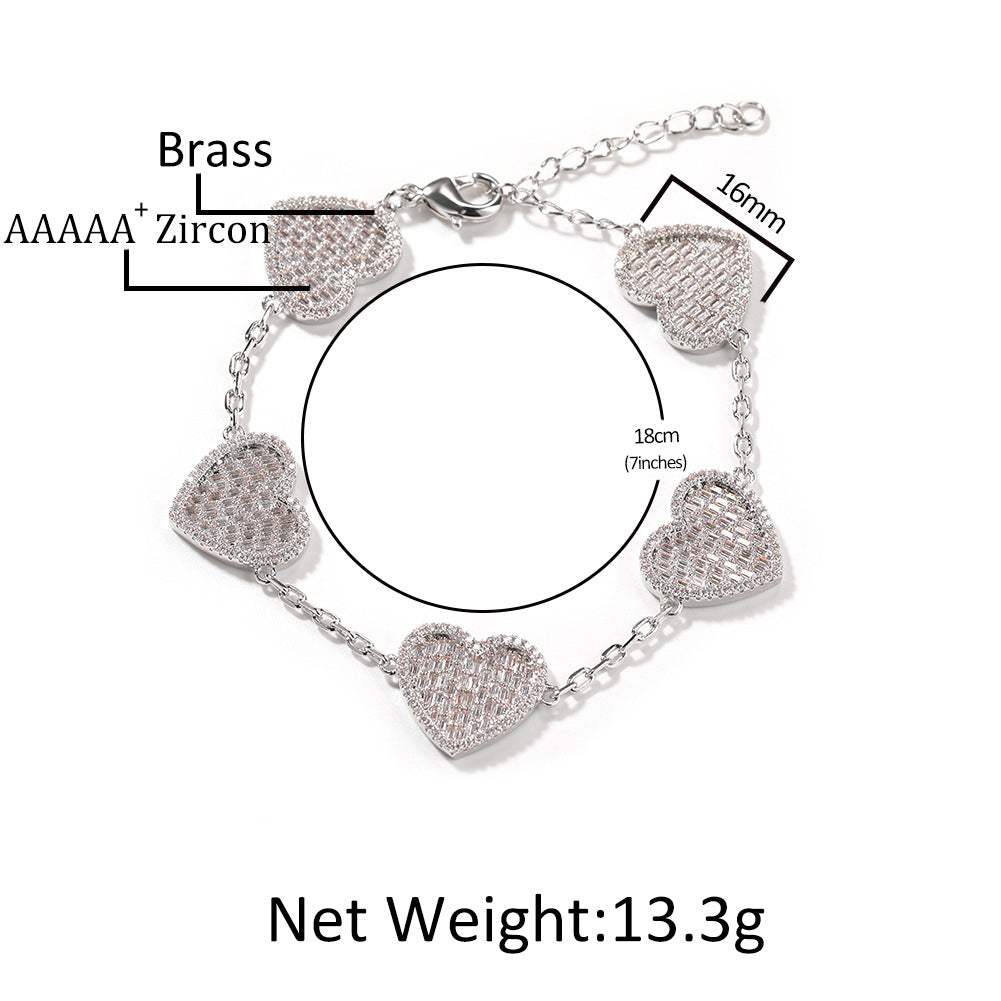 Heart Charm Cubic Zirconia Bracelet for Women & Men – Gold Plated or Silver Plated Copper Chain Bracelet, 7 Inch / 8 Inch