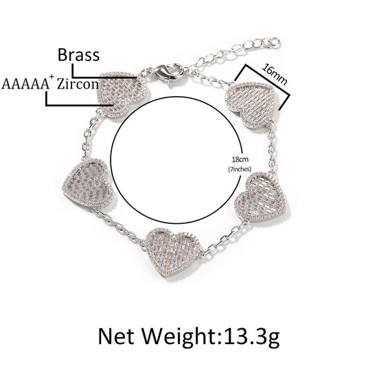 Heart Charm Cubic Zirconia Bracelet for Women & Men – Gold Plated or Silver Plated Copper Chain Bracelet, 7 Inch / 8 Inch