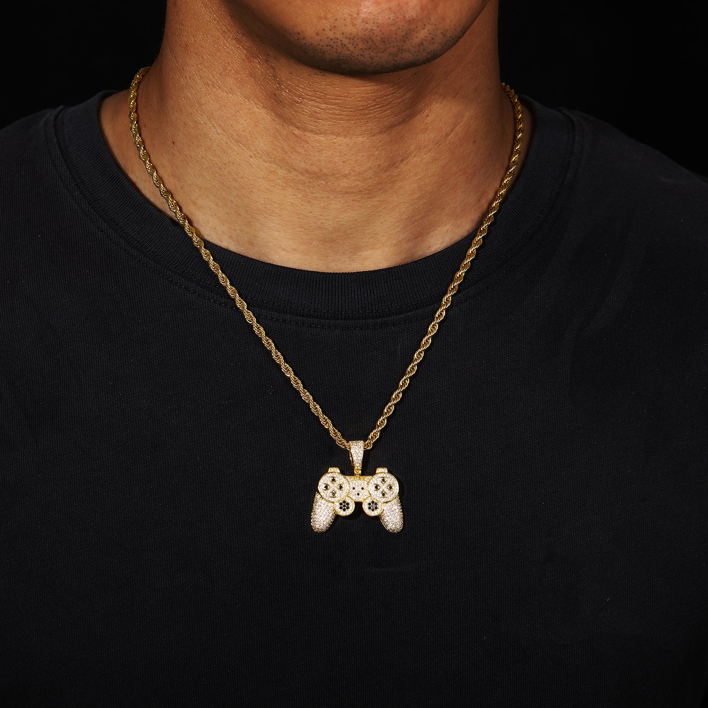 Iced Out Game Controller Pendant Necklace for Men and Women - Gold Tone Copper Hip Hop Rope Chain with Cubic Zirconia product image
