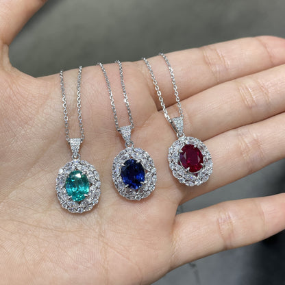 Oval Lab-Grown Colored Gemstone Halo Pendant Necklace for Women