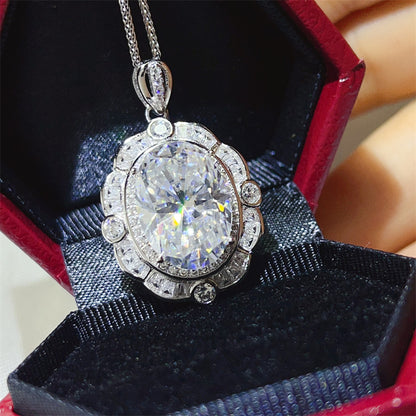 Oval Moissanite Pendant Necklace, 8 Carat Inspired Halo Statement Necklace for Women