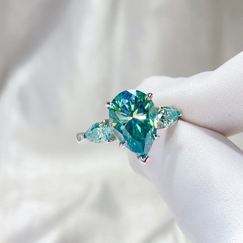 Green Pear Cut Moissanite Ring for Women, 6 Carat Three Stone Engagement Ring product image