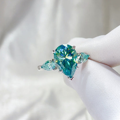 Green Pear Cut Moissanite Ring for Women, 6 Carat Three Stone Engagement Ring