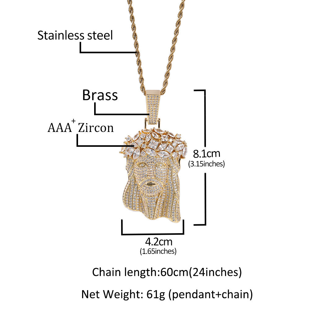 Iced Jesus Face Pendant Necklace for Men & Women – Cubic Zirconia Statement Hip Hop Chain in Gold or Silver Tone, 24 Inch Twisted Stainless Steel Necklace