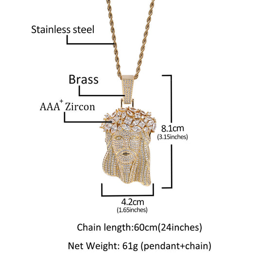 Iced Jesus Face Pendant Necklace for Men & Women – Cubic Zirconia Statement Hip Hop Chain in Gold or Silver Tone, 24 Inch Twisted Stainless Steel Necklace