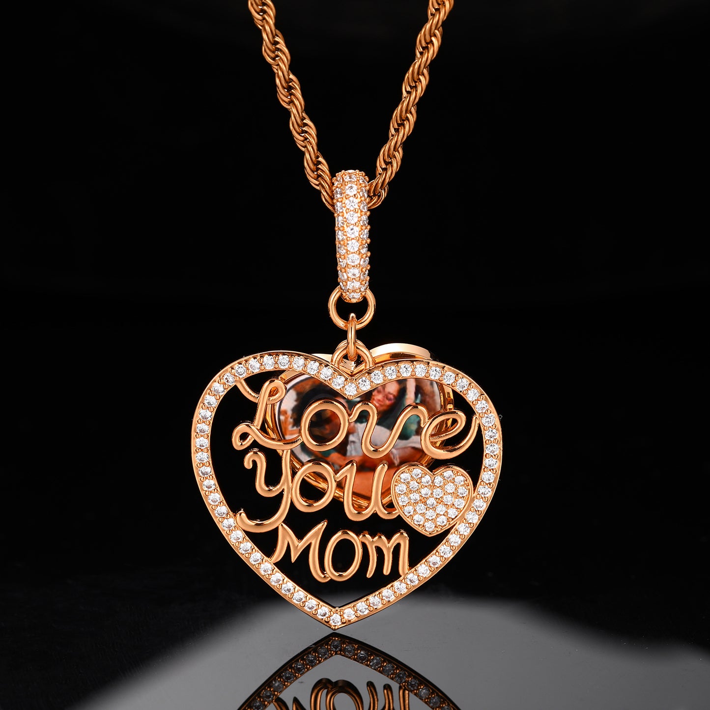 Heart Pendant Necklace for Mom, Iced Out Cubic Zirconia Rope Chain, Hip Hop Love You Mom Necklace, Silver Tone or Golden Tone Copper Jewelry product image