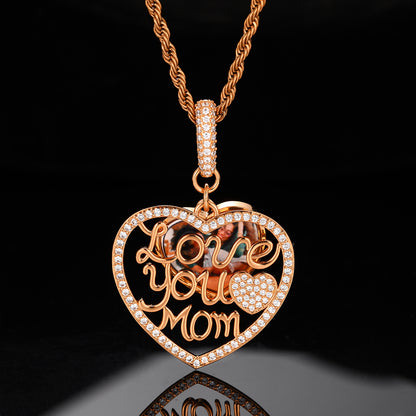 Heart Pendant Necklace for Mom, Iced Out Cubic Zirconia Rope Chain, Hip Hop Love You Mom Necklace, Silver Tone or Golden Tone Copper Jewelry