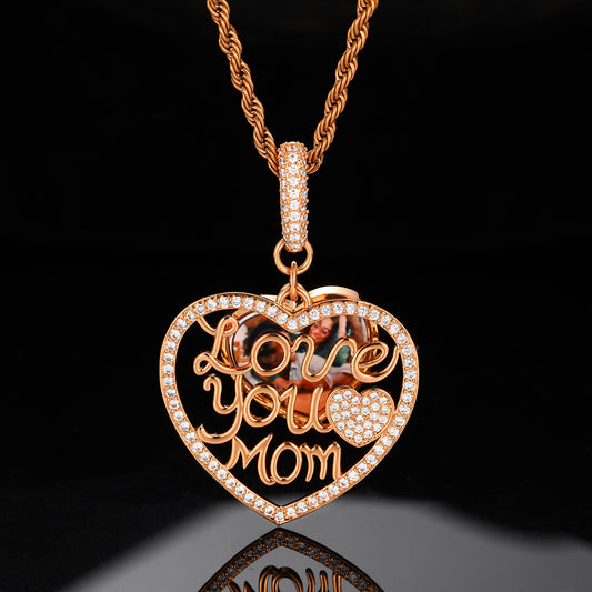 Heart Pendant Necklace for Mom, Iced Out Cubic Zirconia Rope Chain, Hip Hop Love You Mom Necklace, Silver Tone or Golden Tone Copper Jewelry alternate product image
